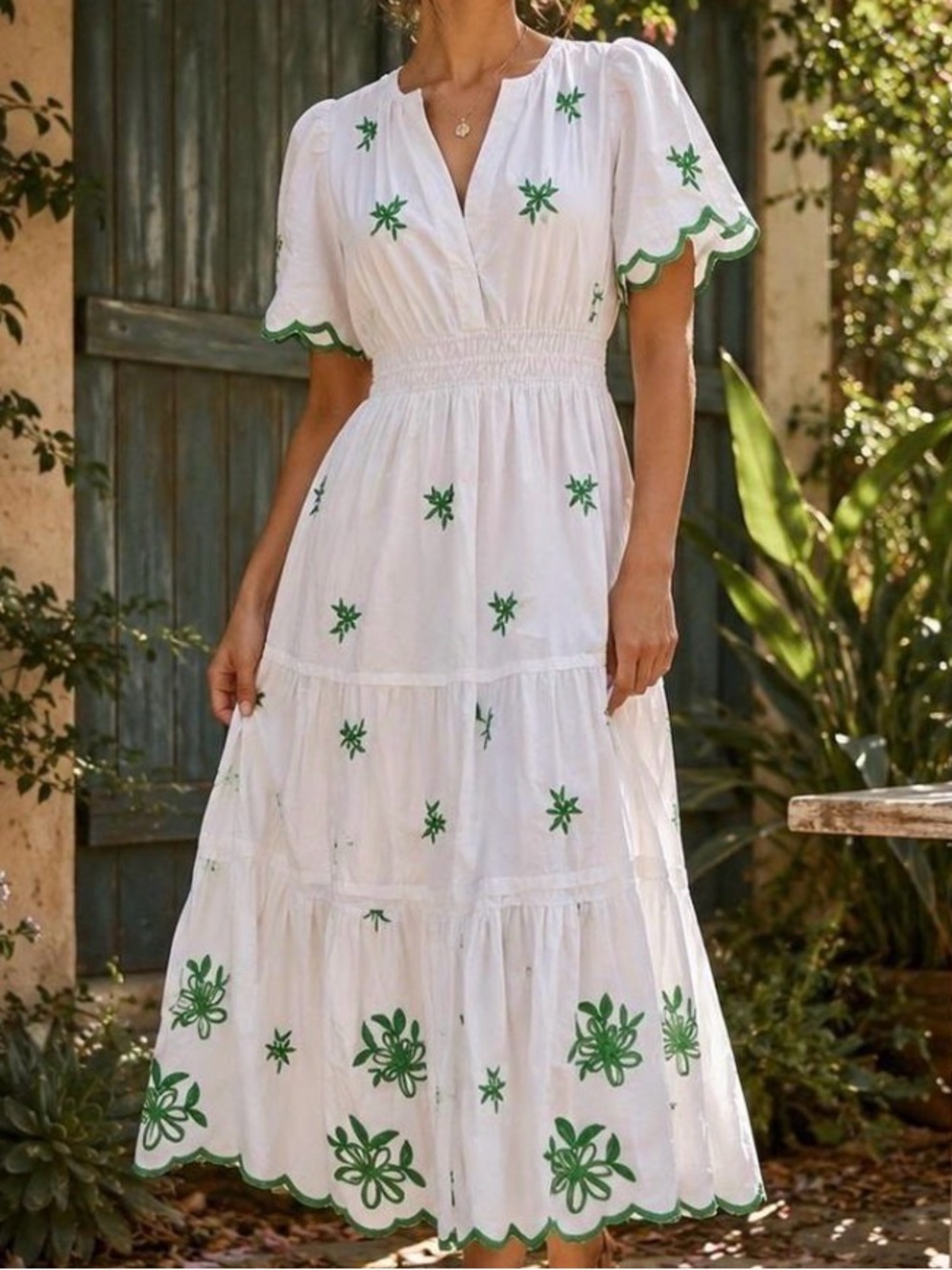 Anthropology White Maxi Dress with Green Embroidered Floral Accents scalloped